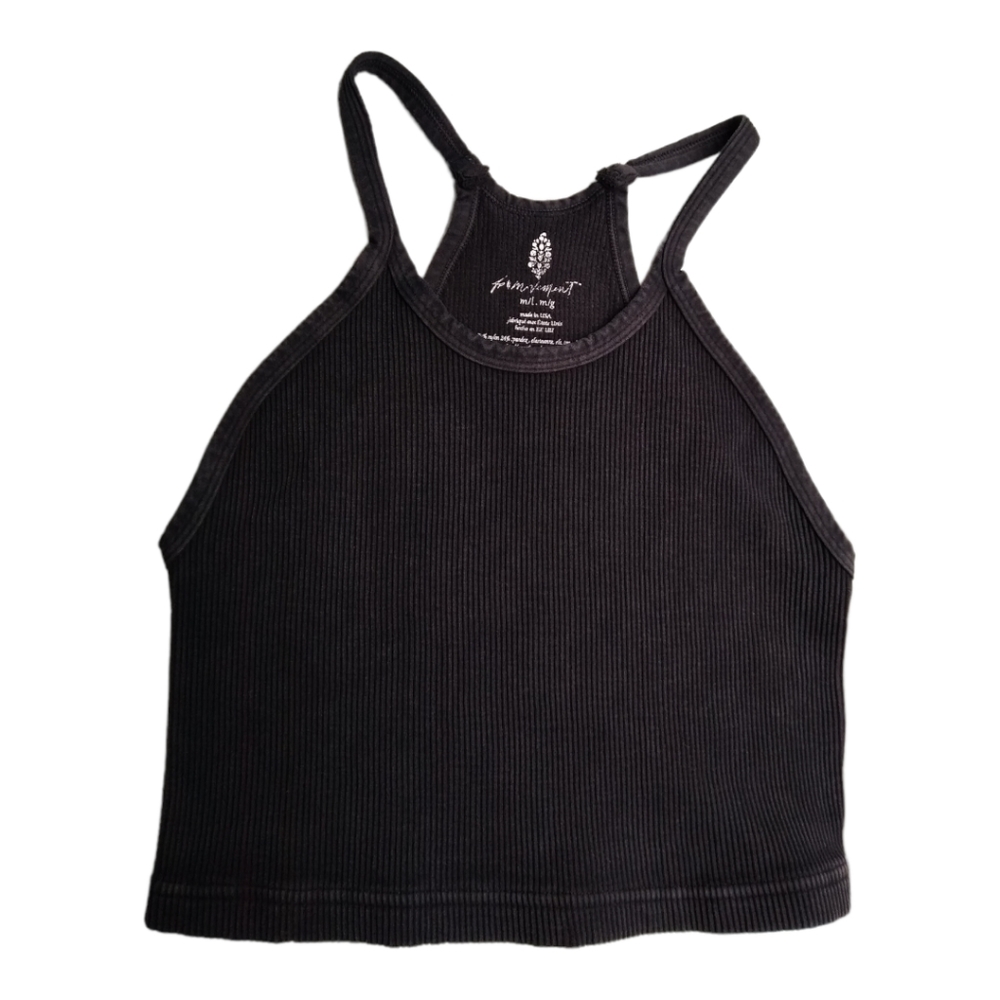 Free People Movement Happiness Runs Ribbed Crop Tank Top Size M/L WASHED BLACK - Picture 3 of 8